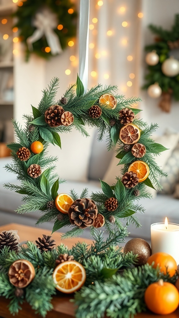 A collection of DIY natural Christmas decorations including a greenery wreath, pinecones, and dried oranges in a festive setting.